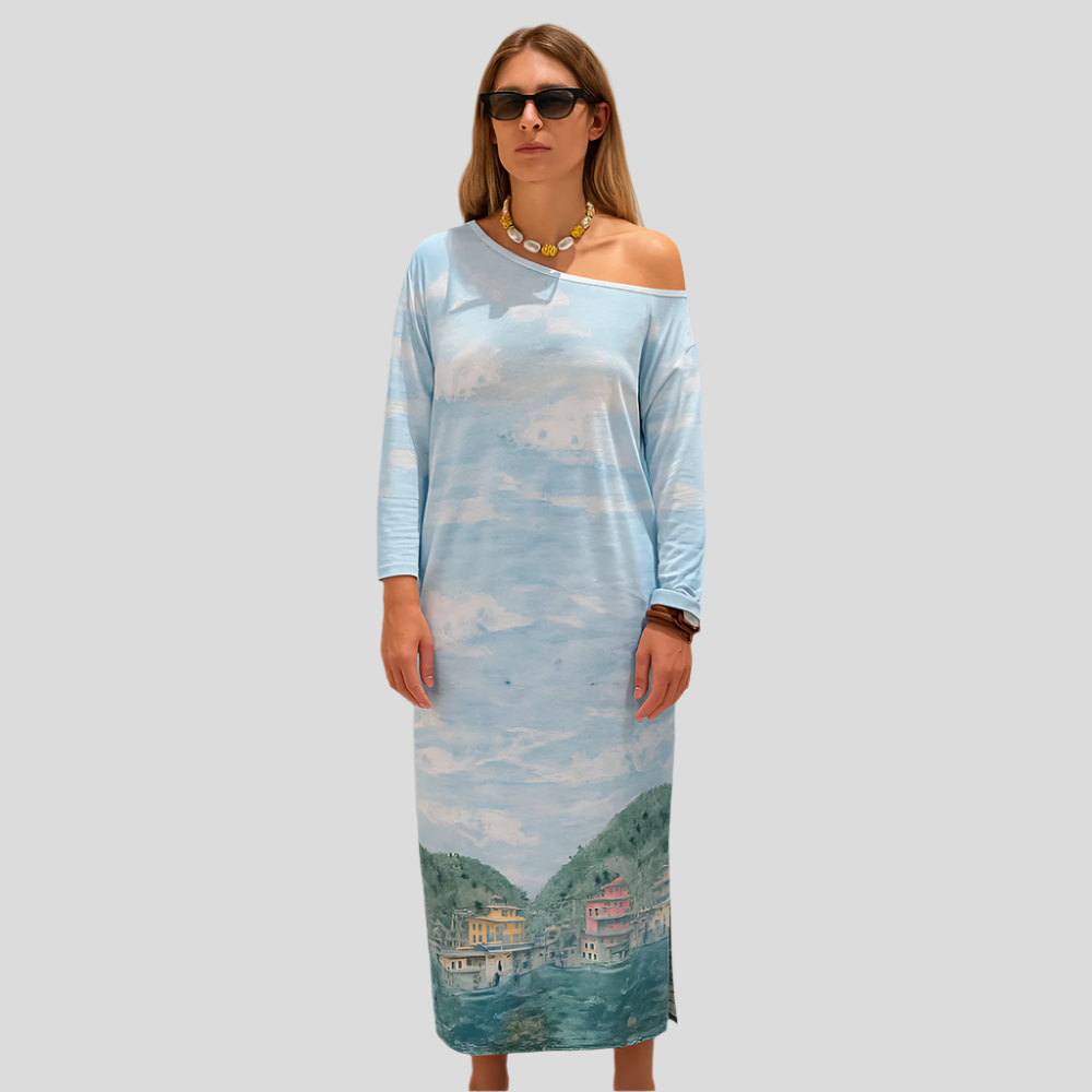 Robe longue d'été à manches longues Aurora avec impression unique