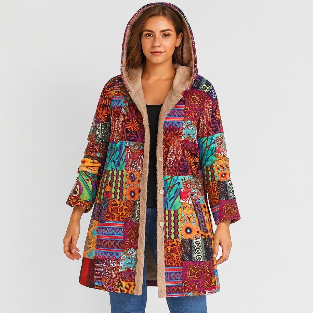 Selene | Manteau d'hiver bohème en patchwork avec capuche