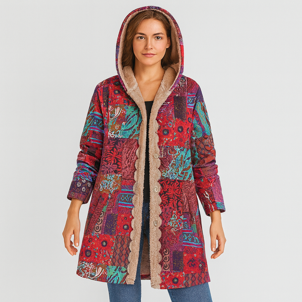 Selene | Manteau d'hiver bohème en patchwork avec capuche