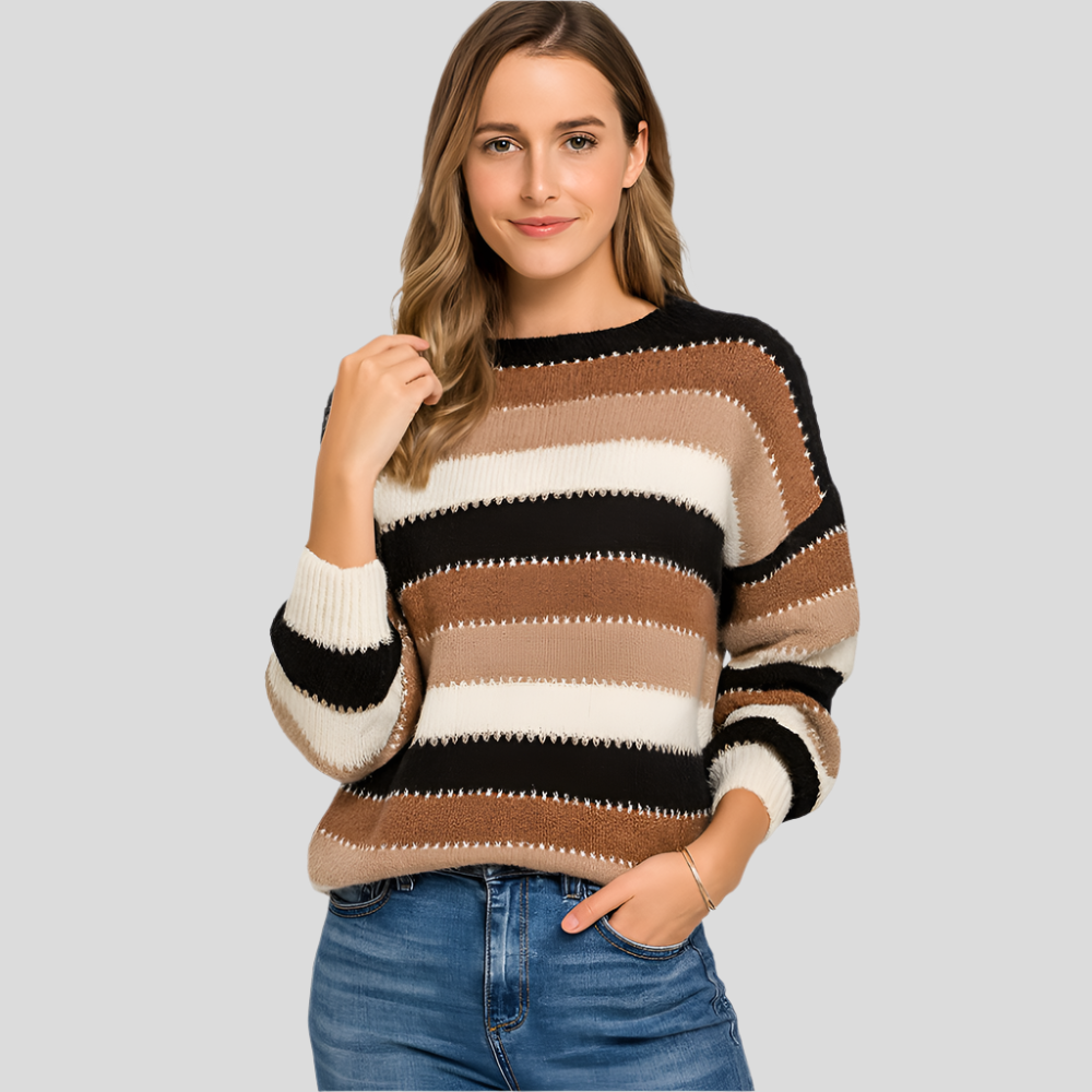 Tahlia Pull à Col Rond Vintage en Tricot Colorblock