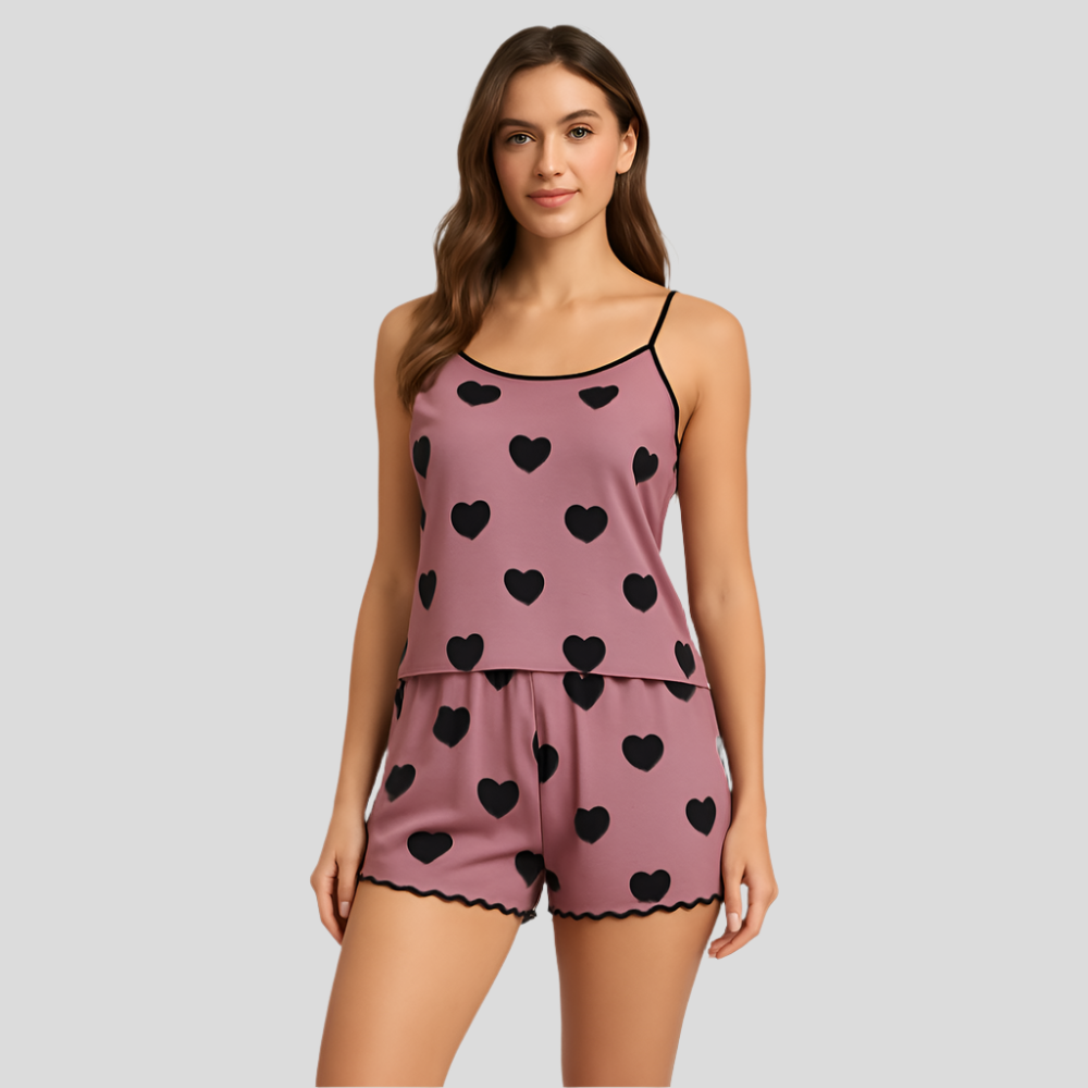 Ensemble de pyjama pour femmes – Short et haut avec joli imprimé cœur noir