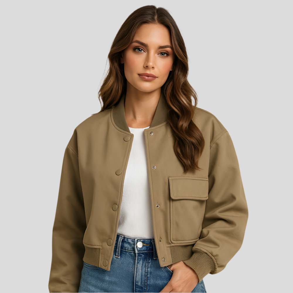 Blouson aviateur court pour femme – Poches à rabat et fermeture à bouton-pression