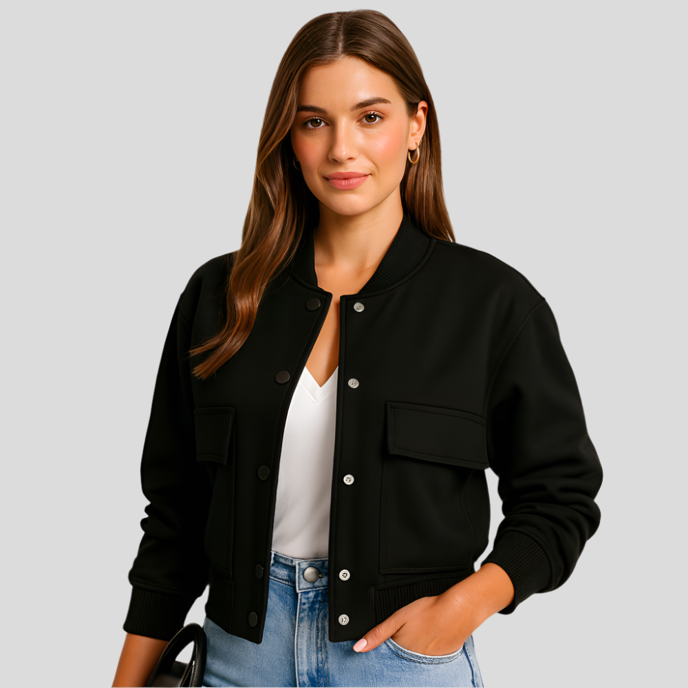 Blouson aviateur court pour femme – Poches à rabat et fermeture à bouton-pression
