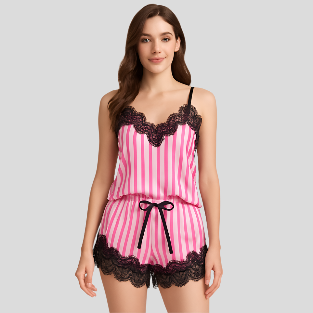 Ensemble de pyjama à rayures pour femmes – Top à décolleté en V avec short en satin
