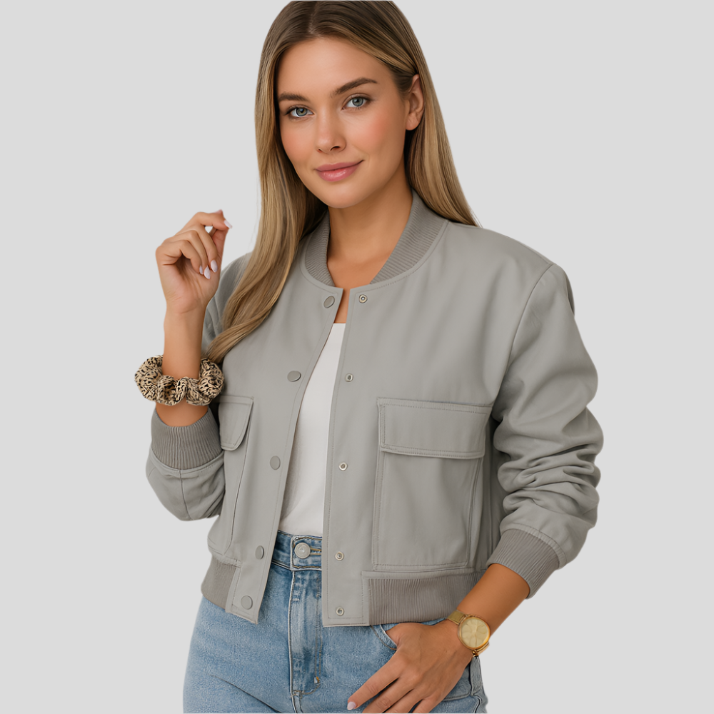 Blouson aviateur court pour femme – Poches à rabat et fermeture à bouton-pression