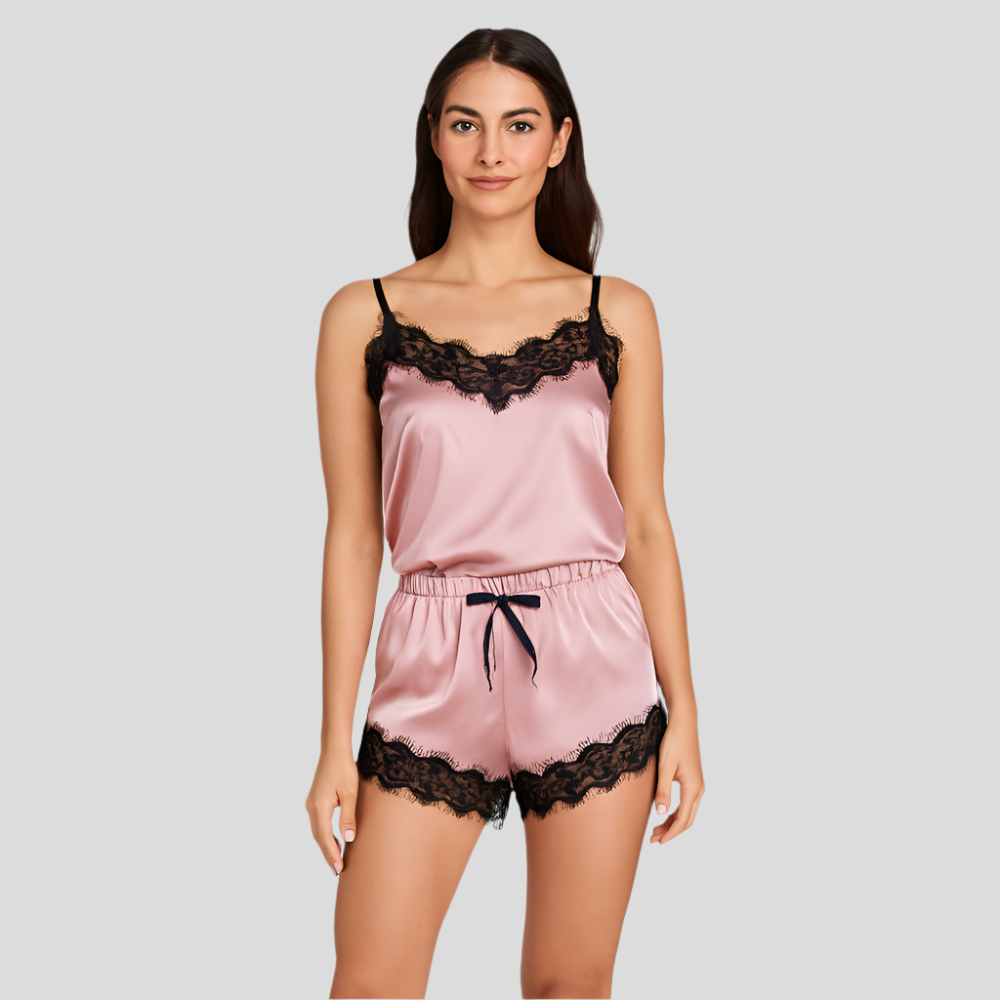 Ensemble de pyjama à rayures pour femmes – Top à décolleté en V avec short en satin