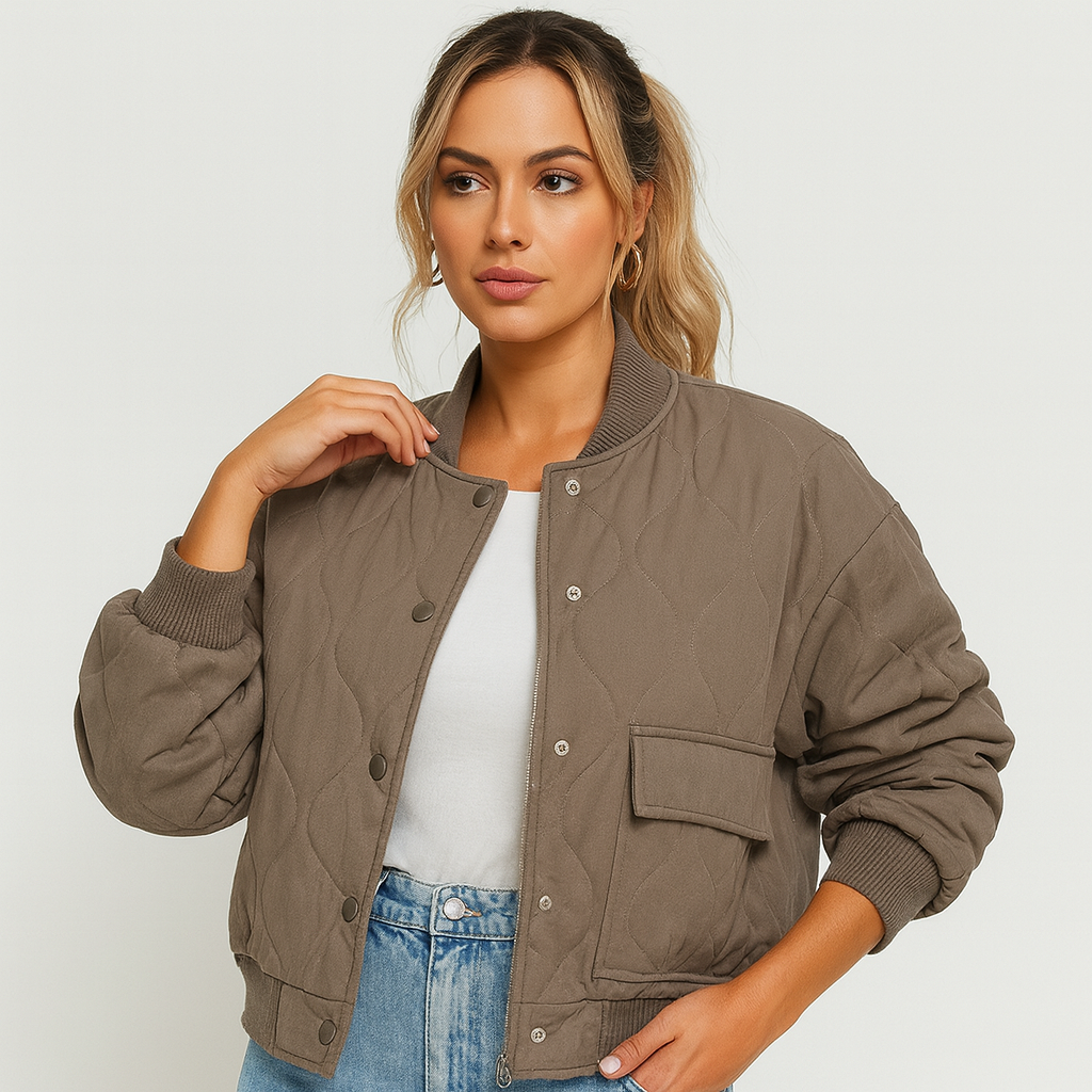 Veste bomber courte Karina – Ourlets côtelés et poches latérales pour femme