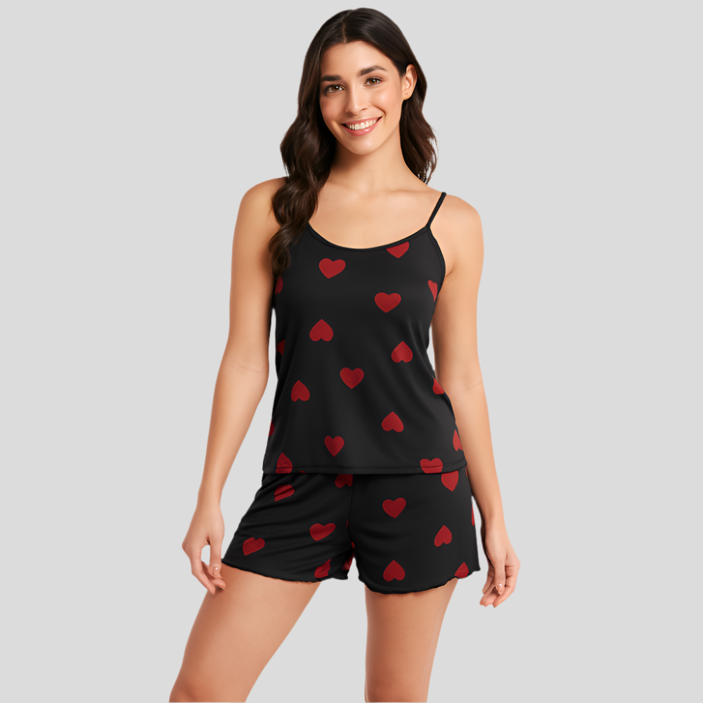 Ensemble de pyjama pour femmes – Short et haut avec joli imprimé cœur noir