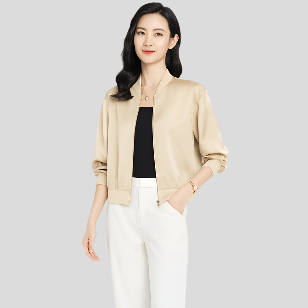 Blouson aviateur en satin pour femme – Coupe ample, fermeture éclair, style toutes saisons