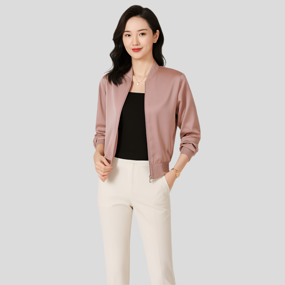 Blouson aviateur en satin pour femme – Coupe ample, fermeture éclair, style toutes saisons