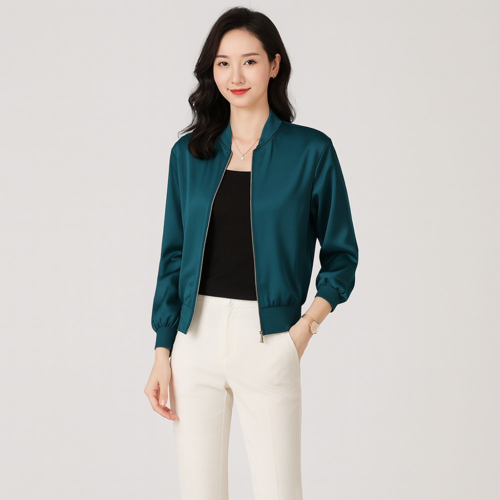 Blouson aviateur en satin pour femme – Coupe ample, fermeture éclair, style toutes saisons