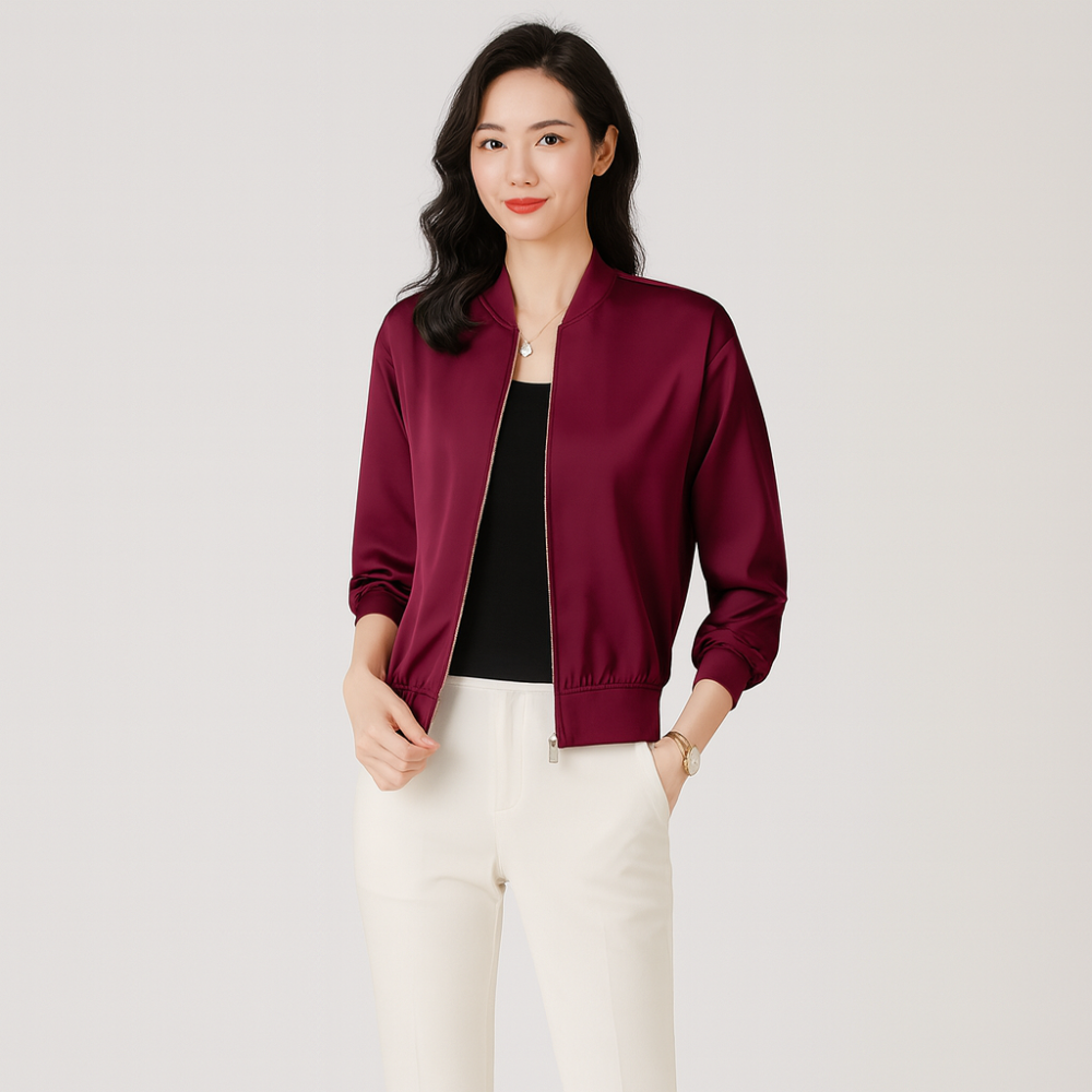 Blouson aviateur en satin pour femme – Coupe ample, fermeture éclair, style toutes saisons