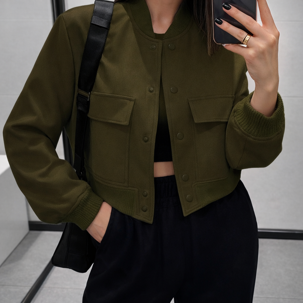 Blouson aviateur court pour femme – Poches à rabat et fermeture à bouton-pression