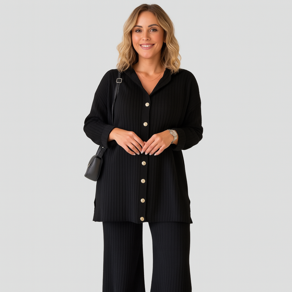 Ensemble à rayures doubles – Chemise-jacket à boutons et pantalon à jambes amples