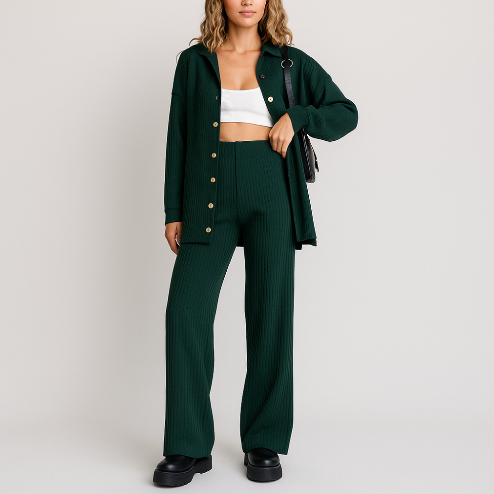 Ensemble à rayures doubles – Chemise-jacket à boutons et pantalon à jambes amples