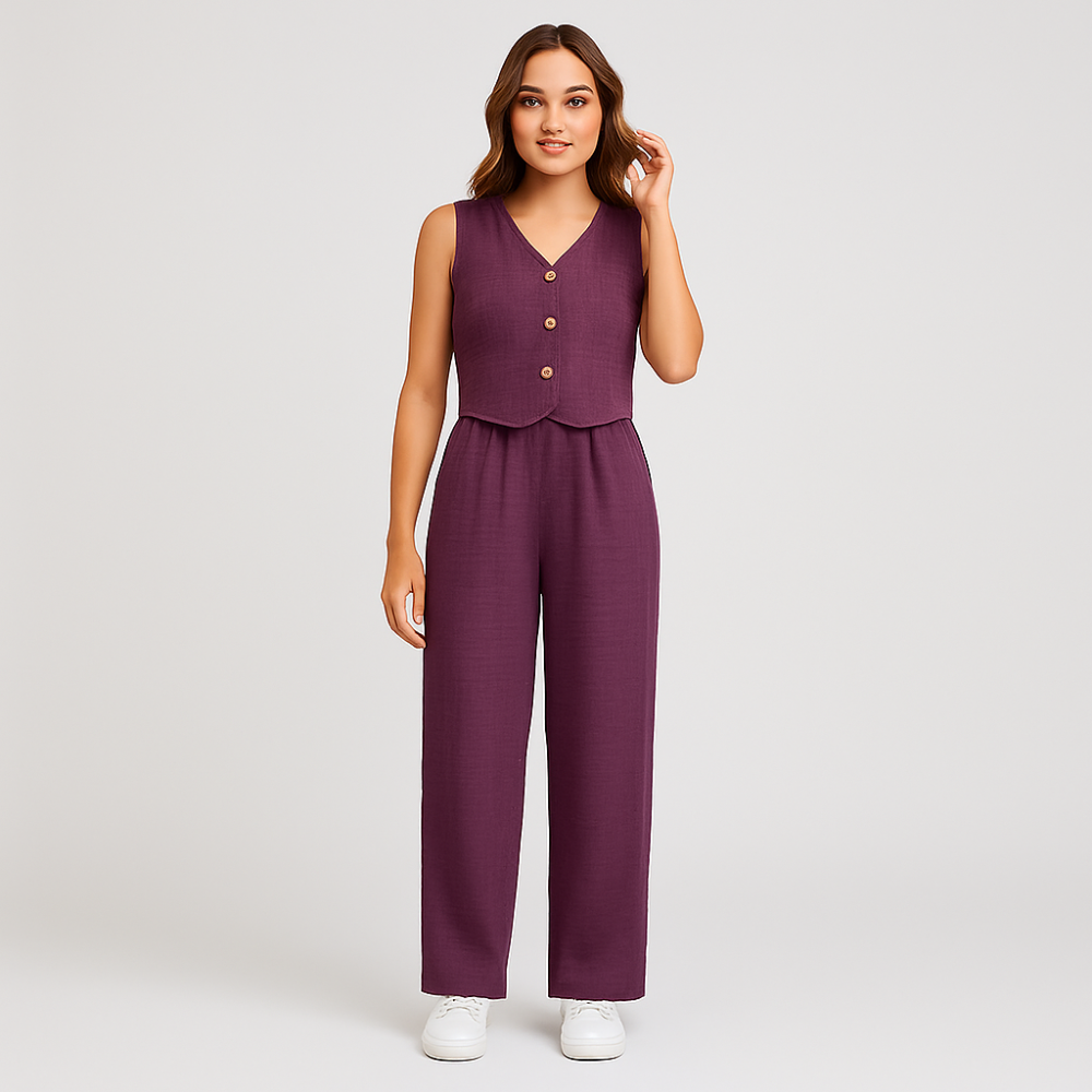 Ensemble élégant en deux pièces pour femmes – Haut sans manches avec décolleté en V et pantalon uni assorti