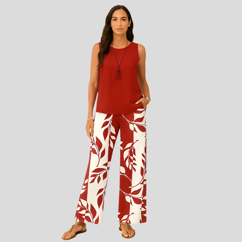 Ensemble décontracté pour femmes en deux pièces – Top sans manches uni et pantalon à fleurs à jambes larges
