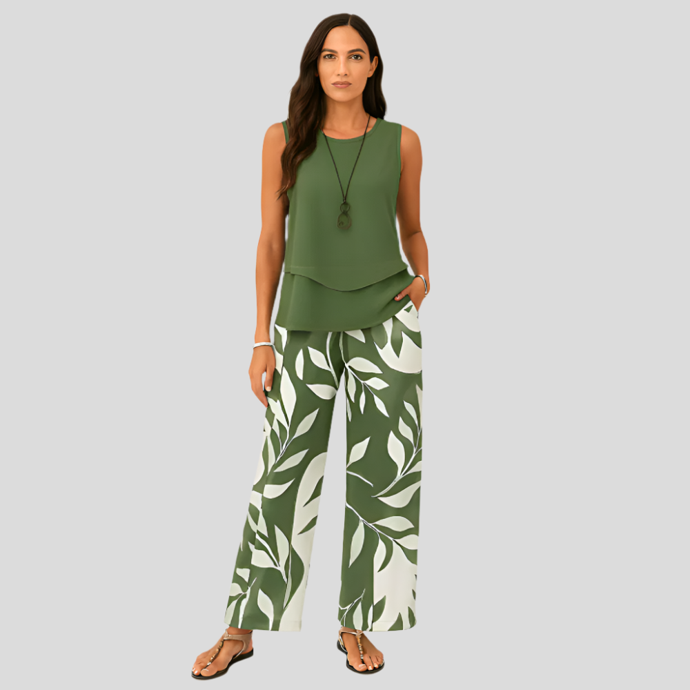 Ensemble décontracté pour femmes en deux pièces – Top sans manches uni et pantalon à fleurs à jambes larges