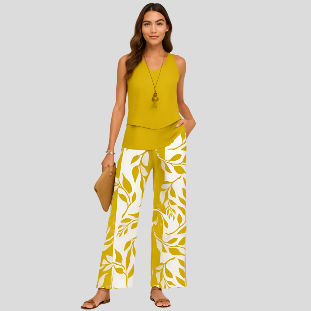 Ensemble décontracté pour femmes en deux pièces – Top sans manches uni et pantalon à fleurs à jambes larges