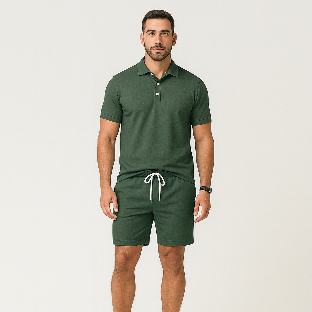 Ensemble polo 2 pièces pour homme : chemise à manches courtes et short à cordon de serrage, vert foncé
