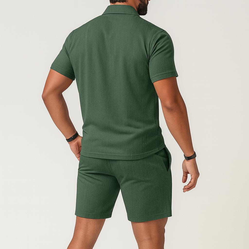 Ensemble polo 2 pièces pour homme : chemise à manches courtes et short à cordon de serrage, vert foncé