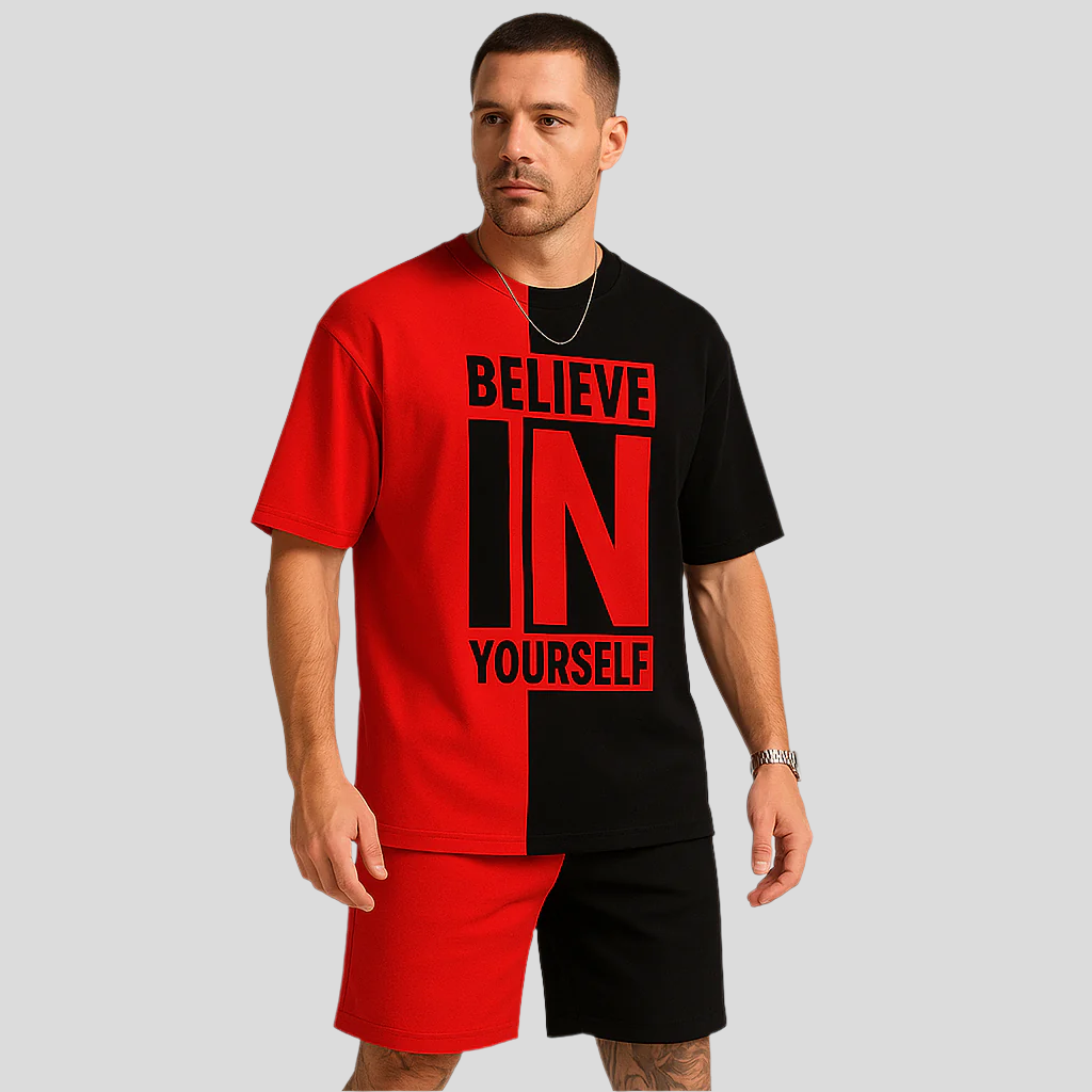 Ensemble de motivation pour hommes avec impression par blocs de couleurs – T-shirt « Crois en toi » et short assorti