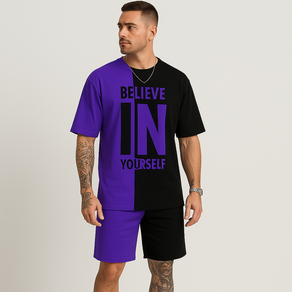Ensemble de motivation pour hommes avec impression par blocs de couleurs – T-shirt « Crois en toi » et short assorti