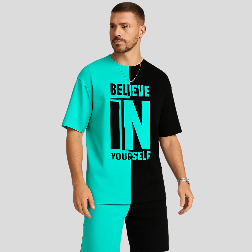 Ensemble de motivation pour hommes avec impression par blocs de couleurs – T-shirt « Crois en toi » et short assorti