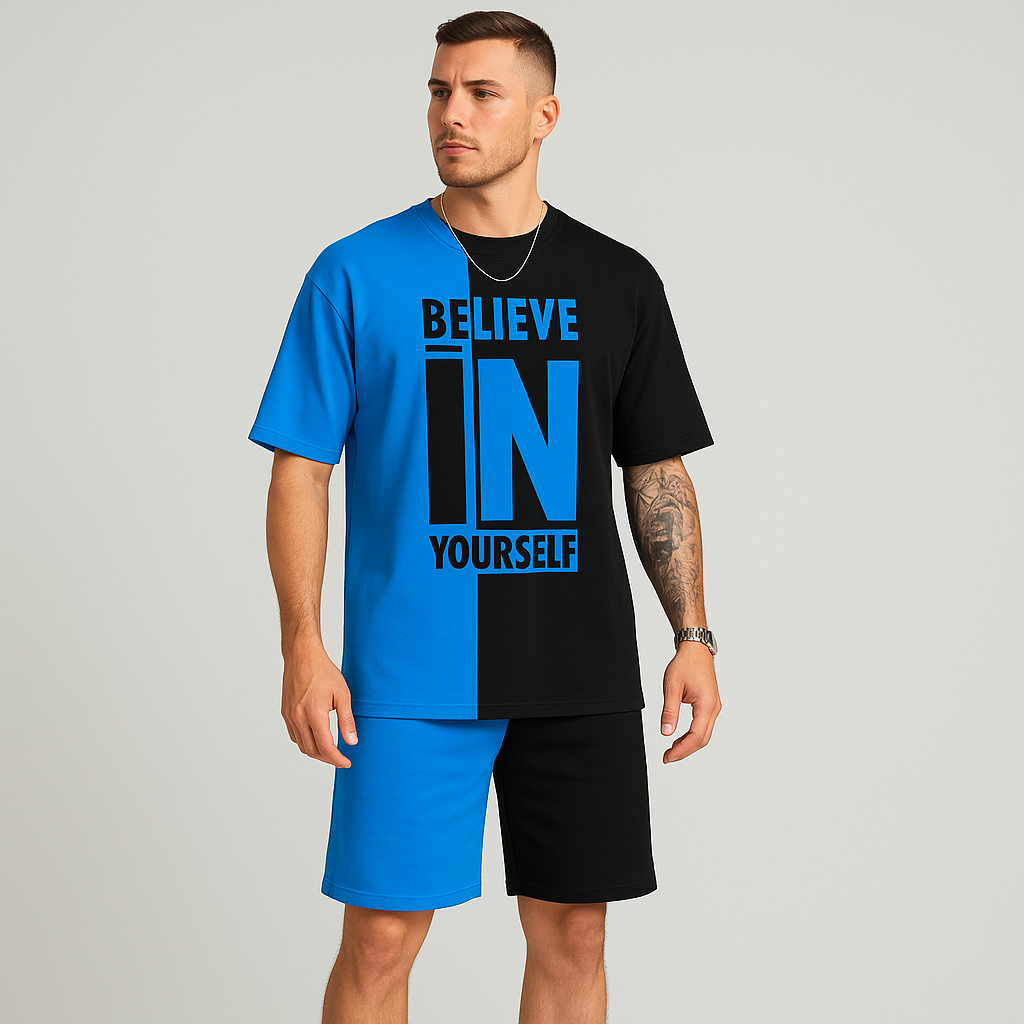 Ensemble de motivation pour hommes avec impression par blocs de couleurs – T-shirt « Crois en toi » et short assorti