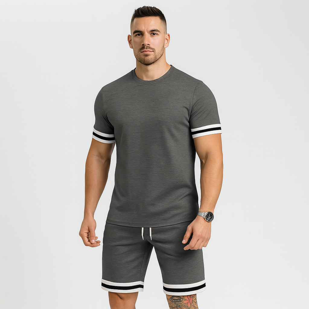 Nouveau ensemble décontracté pour hommes en deux pièces – T-shirt à manches courtes avec col rond et short à cordon de serrage en couleur unie