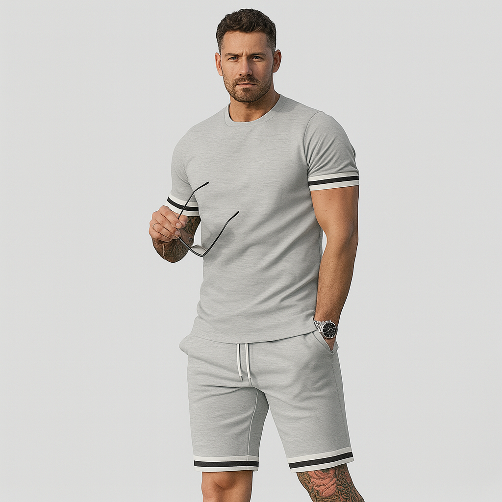 Nouveau ensemble décontracté pour hommes en deux pièces – T-shirt à manches courtes avec col rond et short à cordon de serrage en couleur unie