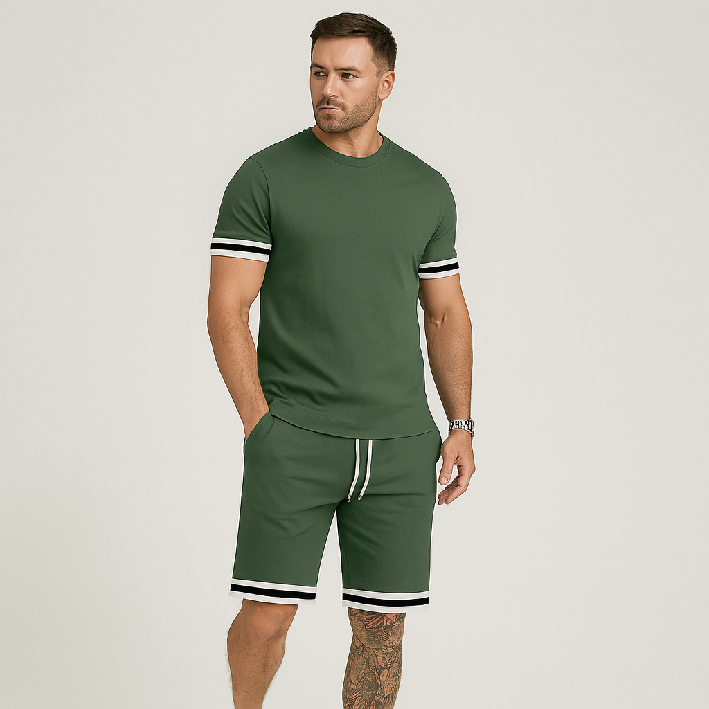 Nouveau ensemble décontracté pour hommes en deux pièces – T-shirt à manches courtes avec col rond et short à cordon de serrage en couleur unie