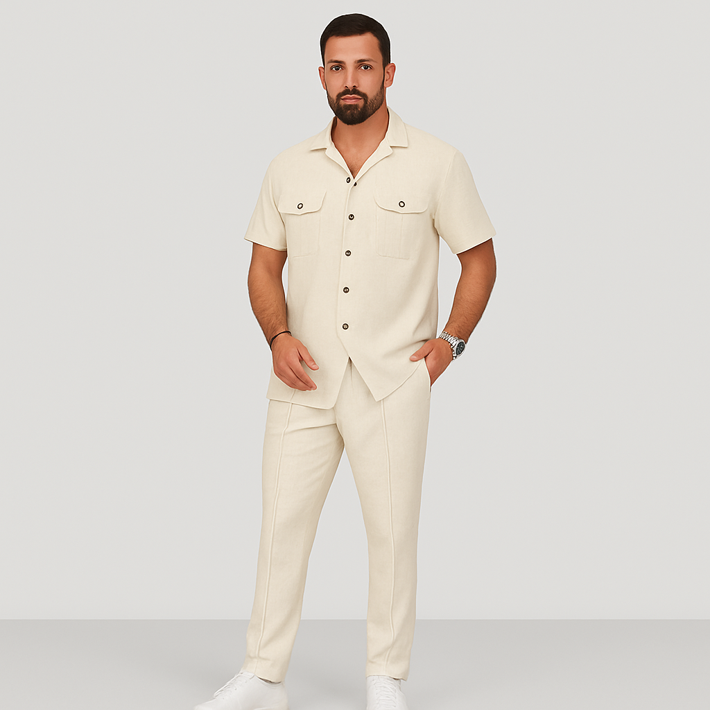 Ensemble d'été pour hommes en 2 pièces – Chemise de plage décontractée avec poches doubles et pantalon long assorti