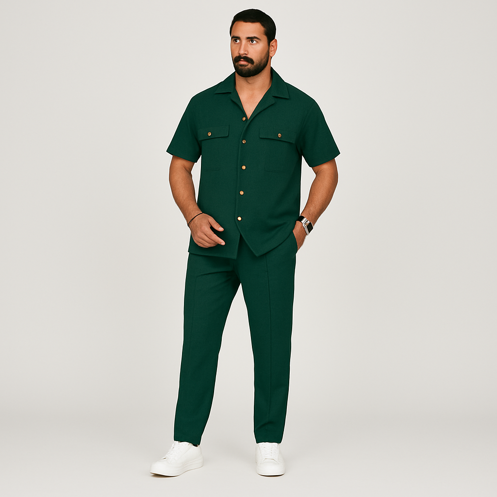 Ensemble d'été pour hommes en 2 pièces – Chemise de plage décontractée avec poches doubles et pantalon long assorti