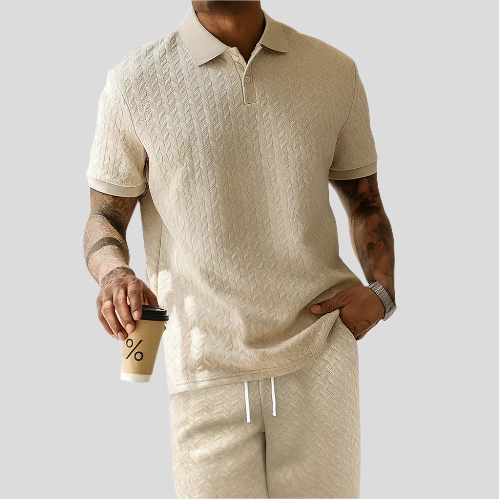 Ensemble de tricot jacquard 2 pièces pour hommes – Haut à manches courtes avec col et shorts unis