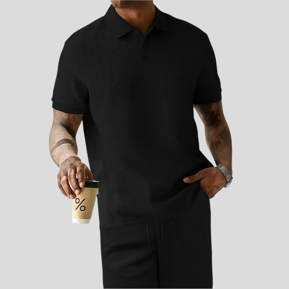 Ensemble de tricot jacquard 2 pièces pour hommes – Haut à manches courtes avec col et shorts unis