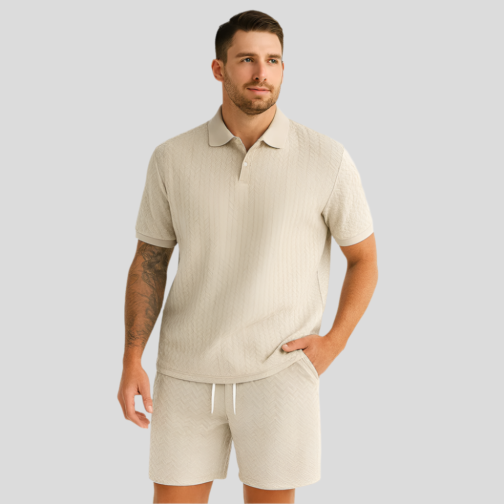 Ensemble de tricot jacquard 2 pièces pour hommes – Haut à manches courtes avec col et shorts unis