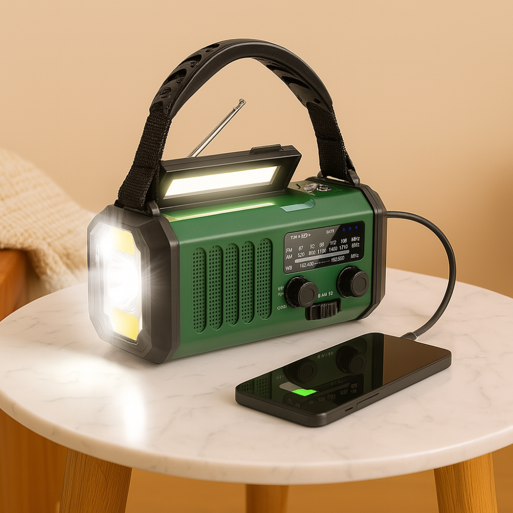 Radio d'urgence avec panneau solaire et manivelle – batterie externe de 10 000 mAh, radio météo AM/FM, lampe de poche, SOS et chargeur de téléphone