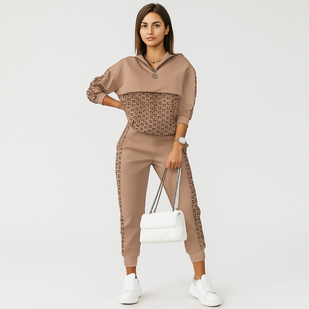 Ensemble d'entraînement élégant en deux pièces pour dames – Veste à carreaux avec fermeture éclair et pantalon étroit avec bande sur les côtés