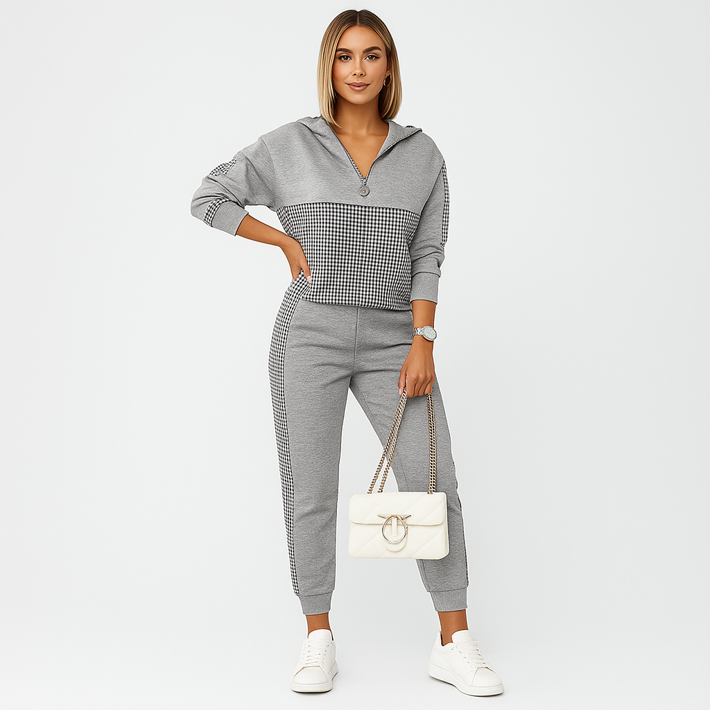 Ensemble d'entraînement élégant en deux pièces pour dames – Veste à carreaux avec fermeture éclair et pantalon étroit avec bande sur les côtés