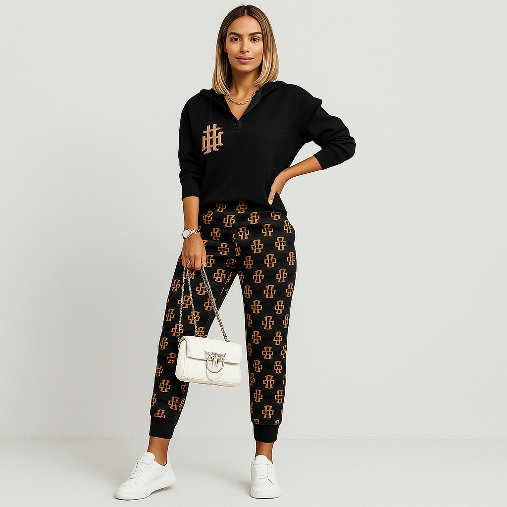 Ensemble d'entraînement élégant en deux pièces pour dames – Veste à carreaux avec fermeture éclair et pantalon étroit avec bande sur les côtés