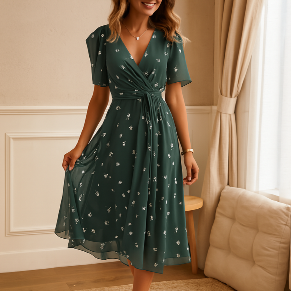Mary - Robe portefeuille mi-longue fleurie à col en V pour femme