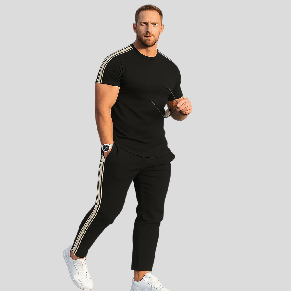 Tenue rétro streetwear pour hommes – T-shirt amples avec bandes latérales et pantalon assorti