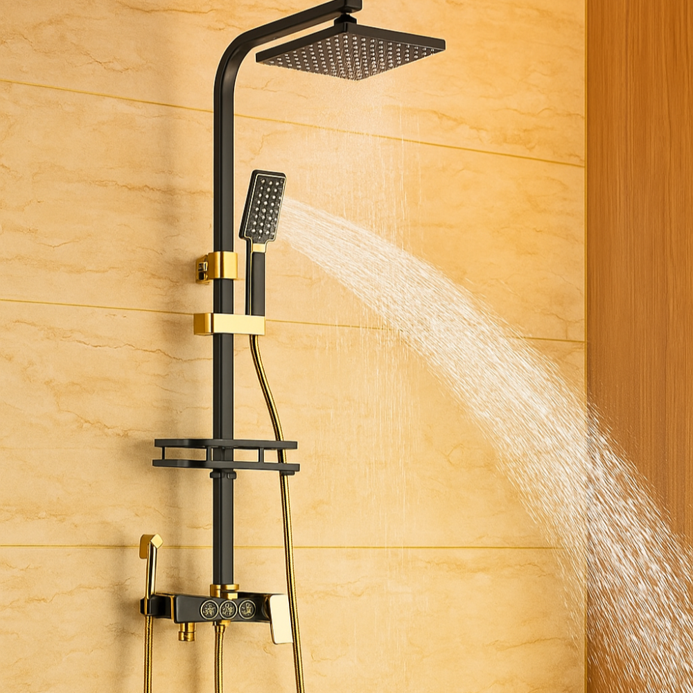 Ensemble de robinetterie de douche noir et or – Cabine de douche à pluie de 8 pouces avec sortie pour baignoire et douche à main