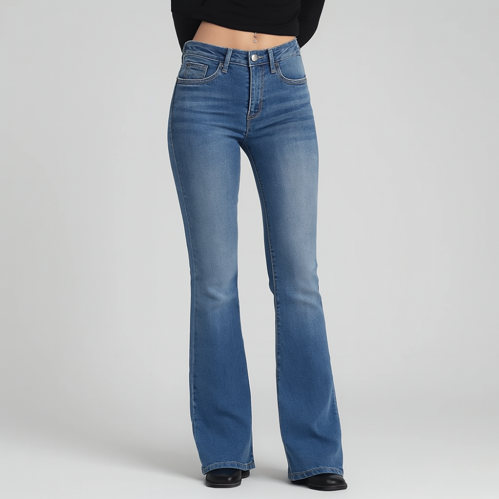 Sarah – Jean droit pour femme à taille haute style vintage en denim stretch