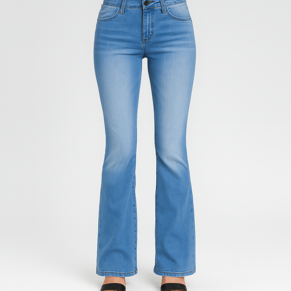 Sophia – Jean béant bas taille pour femmes, coupe bootcut et délavé en denim stretch uni