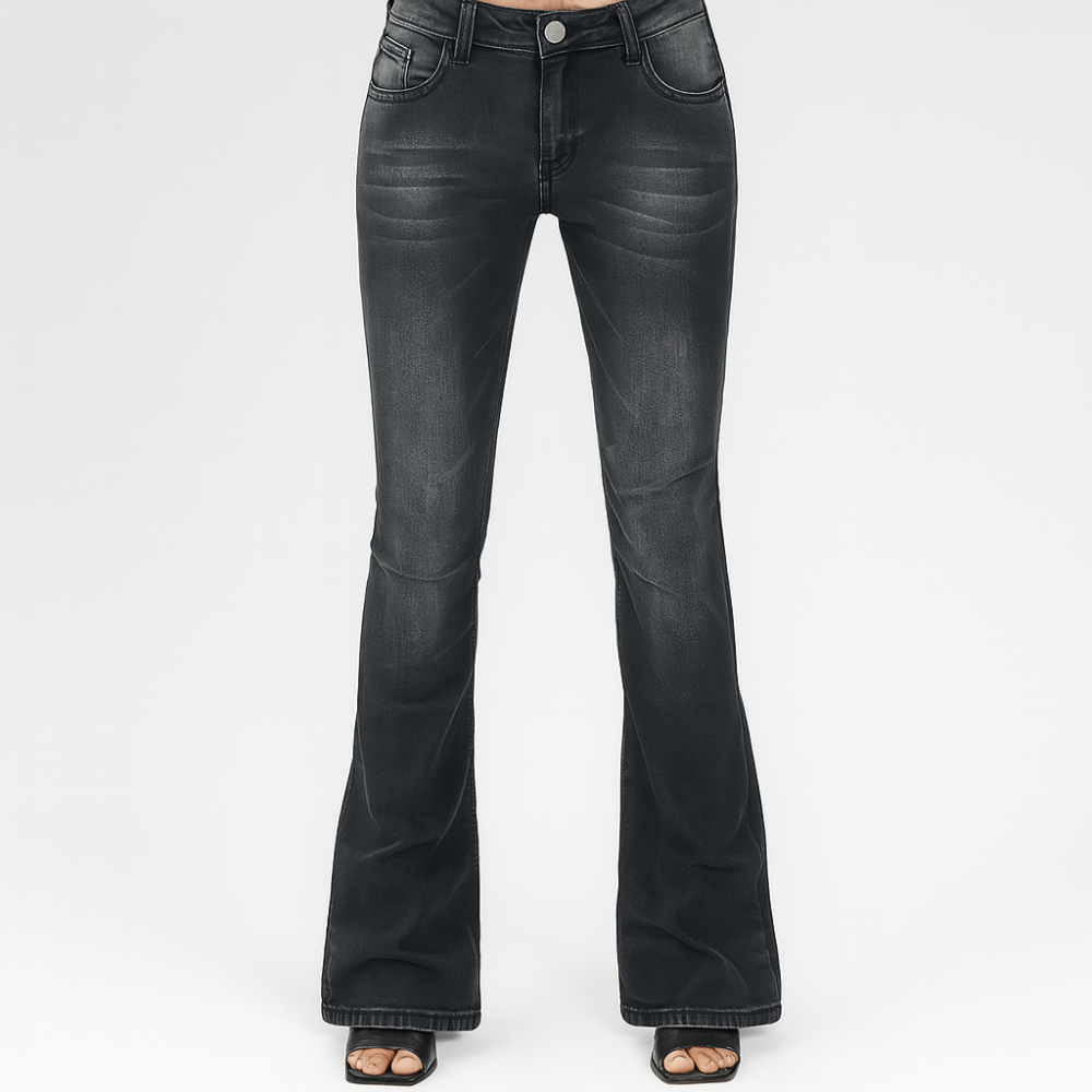 Sophia – Jean béant bas taille pour femmes, coupe bootcut et délavé en denim stretch uni