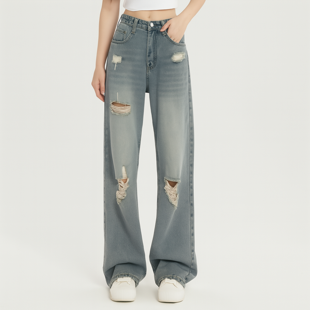 Kenza – Jean femme à taille haute et jambe large – Coupe décontractée, style américain amincissant