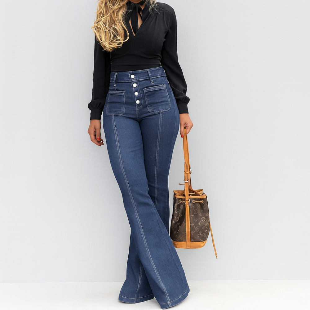 Merta – Jeans femme en denim extensible avec fermeture à boutons et coupe toutes saisons