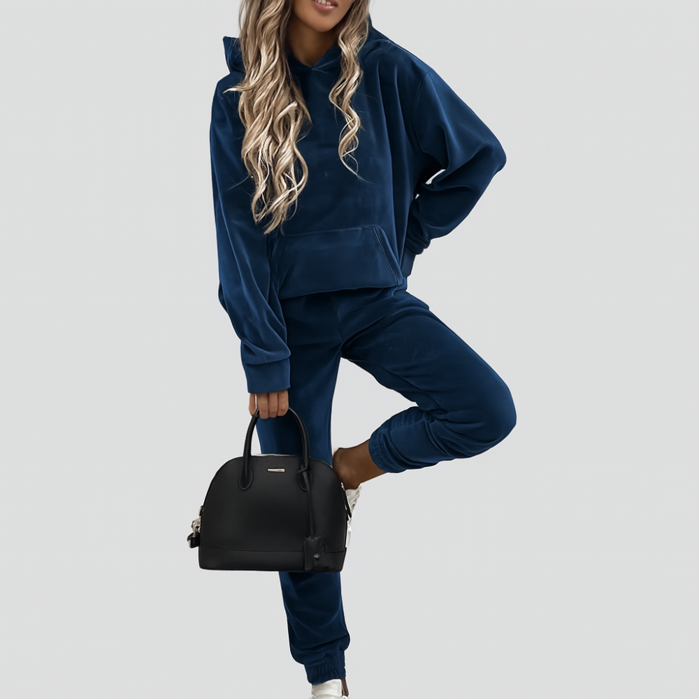 Ensemble de loisirs pour femmes 2 pièces – Sweat à capuche uni avec poche kangourou et pantalon de jogging slim